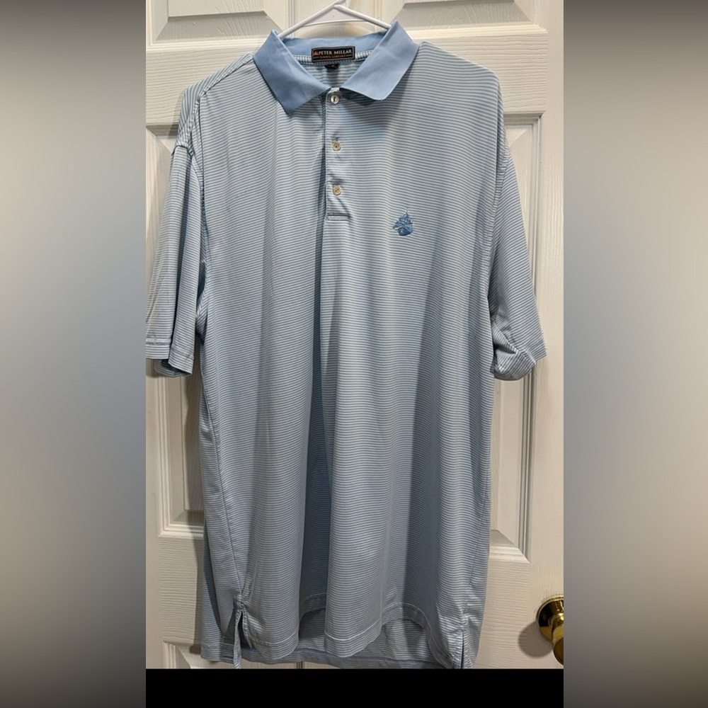 Peter Millar Light Blue Micro-Stripe Polo with Embroidered Crest
